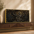 Divine Lord Shri Krishna Playing Flute under Sacred Tree Metallic Look 3D Canvas Wall Painting
