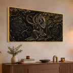 Divine Lord Shri Krishna Playing Flute under Sacred Tree Metallic Look 3D Canvas Wall Painting