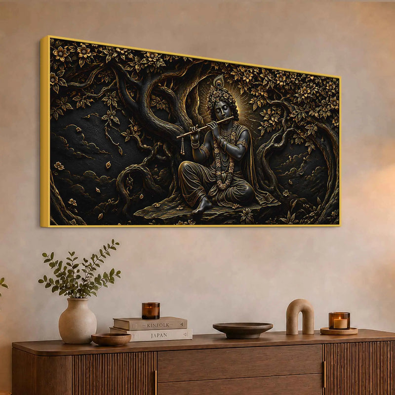 Divine Lord Shri Krishna Playing Flute under Sacred Tree Metallic Look 3D Canvas Wall Painting