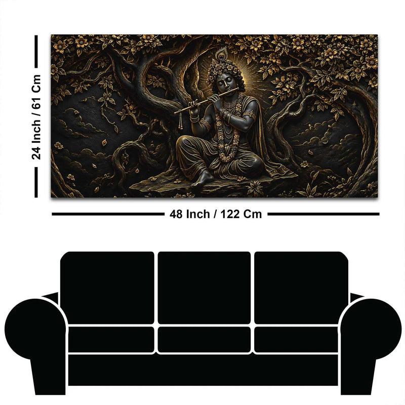 Divine Lord Shri Krishna Playing Flute under Sacred Tree Metallic Look 3D Canvas Wall Painting