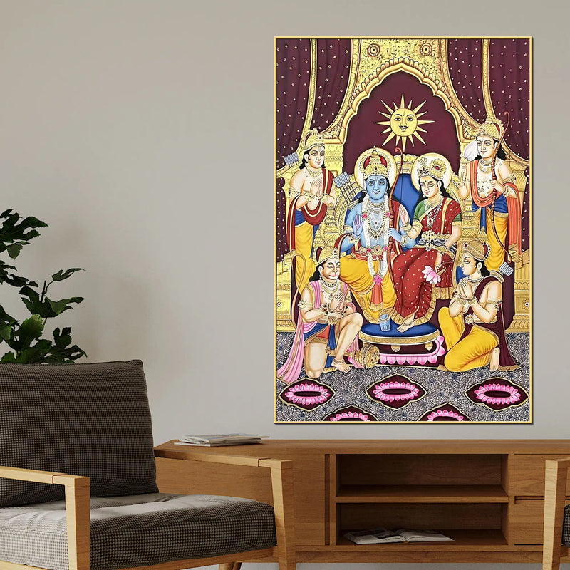 Divine Lord Shri Ram Maa Sita Lakshman and Hanuman Ram Darbar Canvas Wall Painting