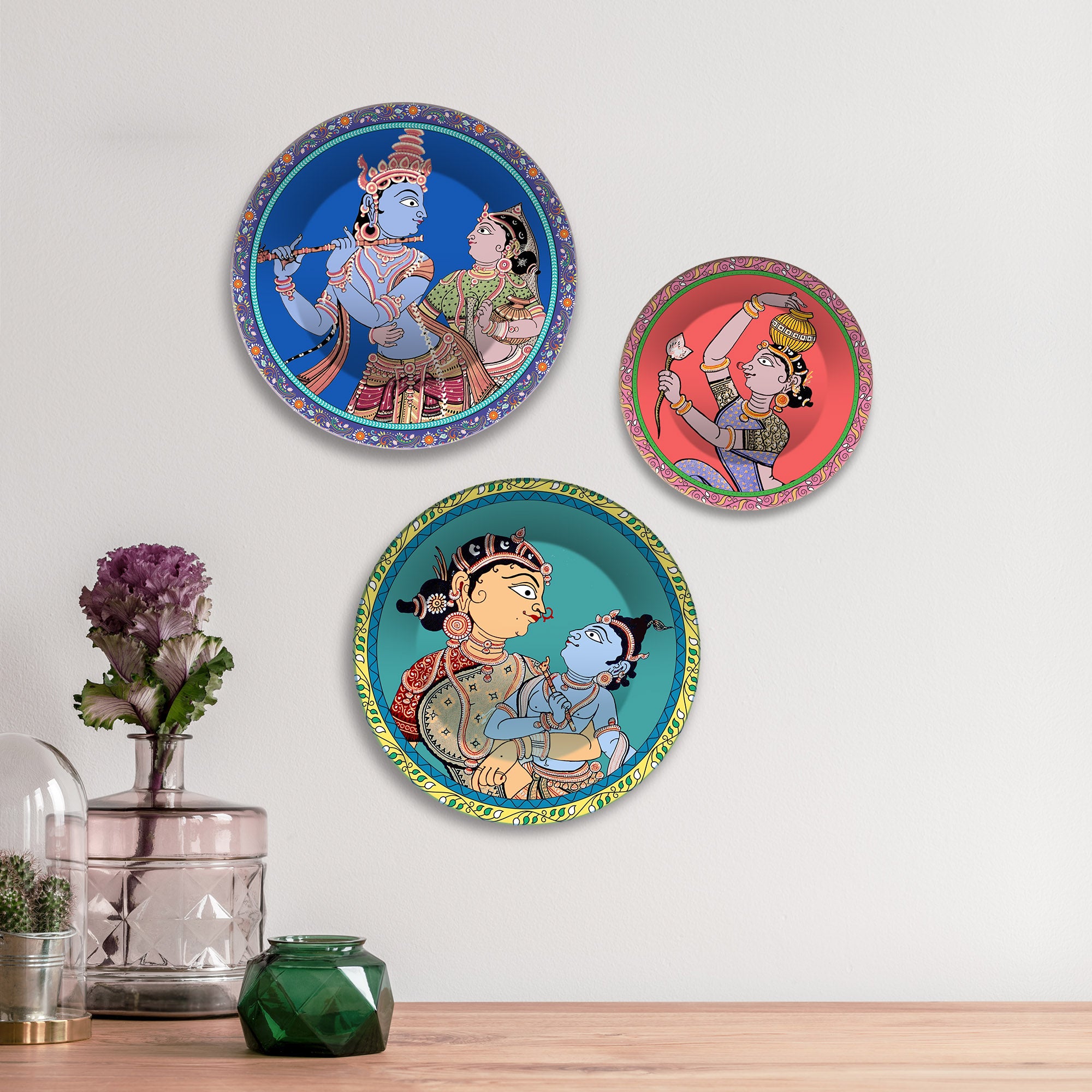 Divine Love Krishna Leela Premium Wall Plates Painting Set of 3