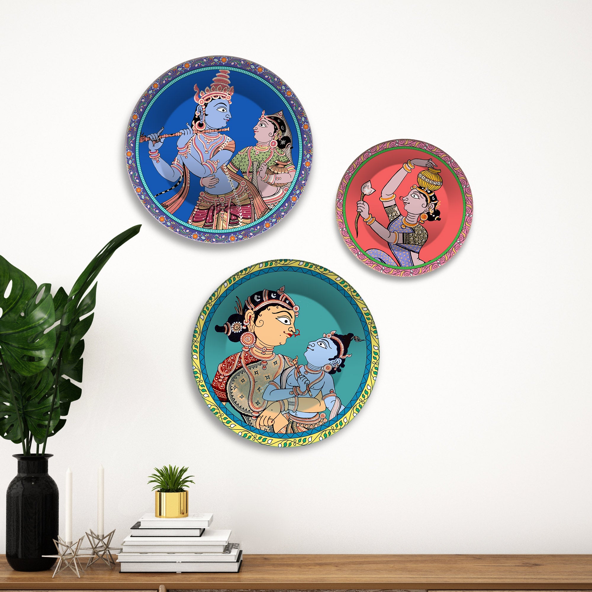 Divine Love Krishna Leela Premium Wall Plates Painting Set of 3