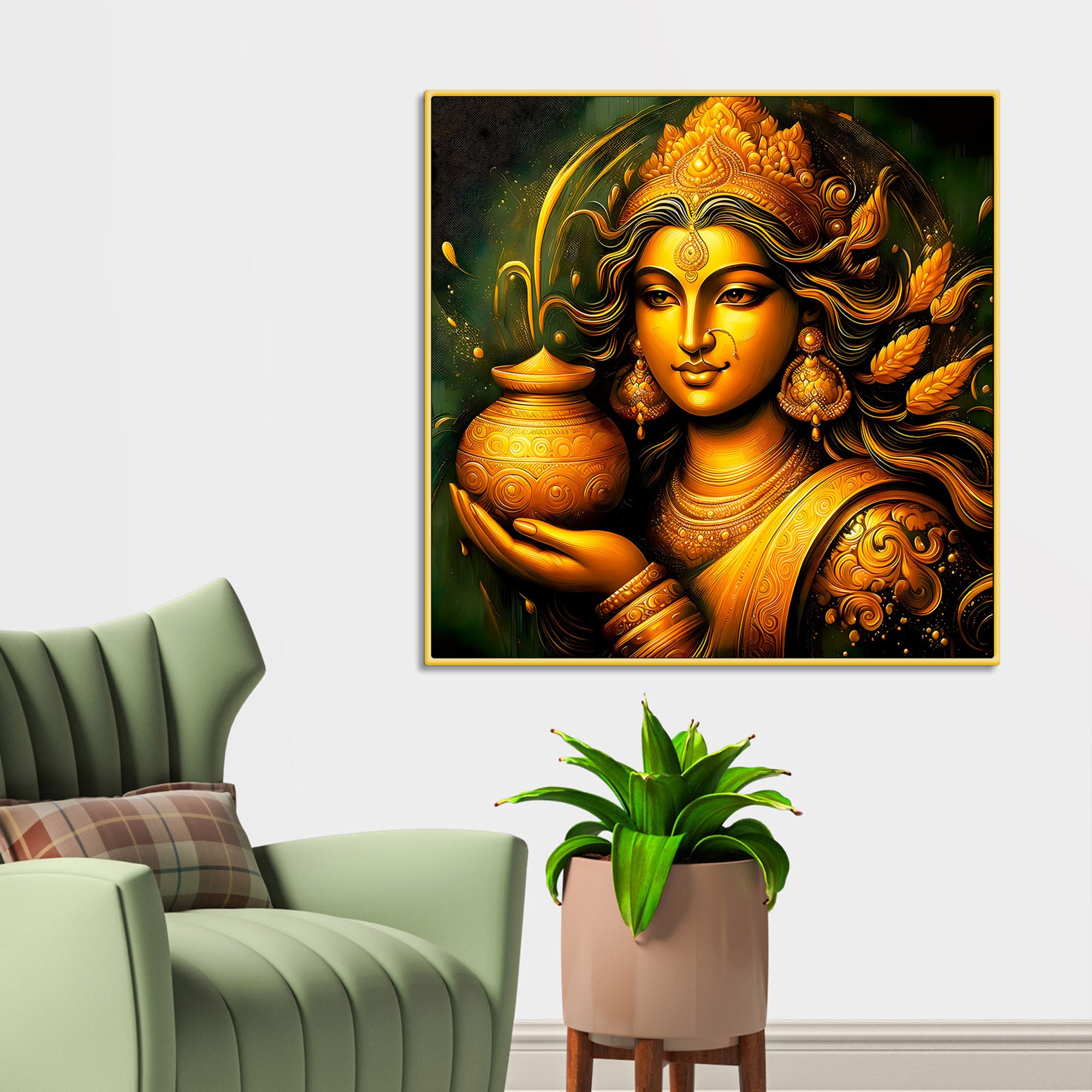 Divine Maa Lakshmi Golden Portrait Premium Painting