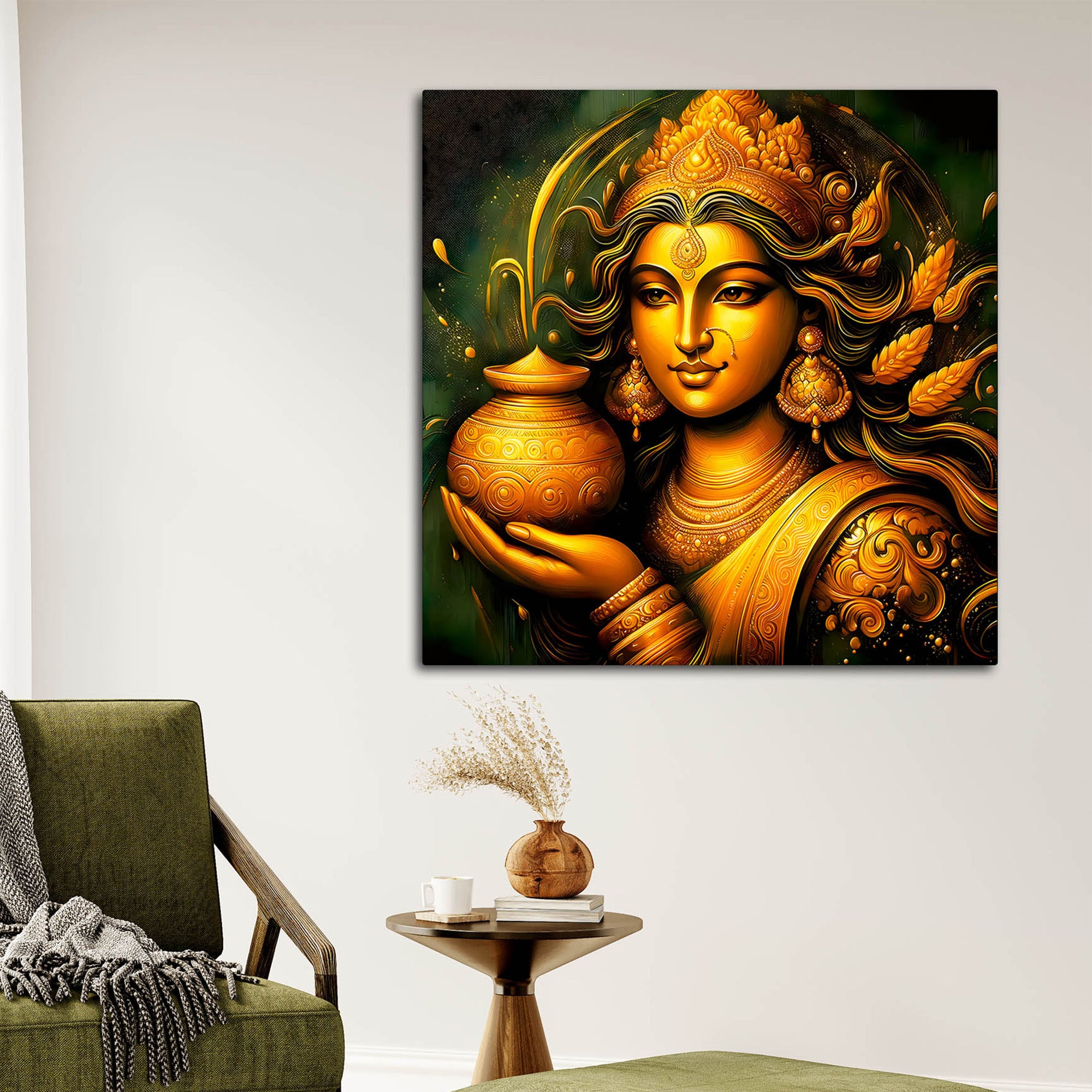 Divine Maa Lakshmi Golden Portrait Premium Painting