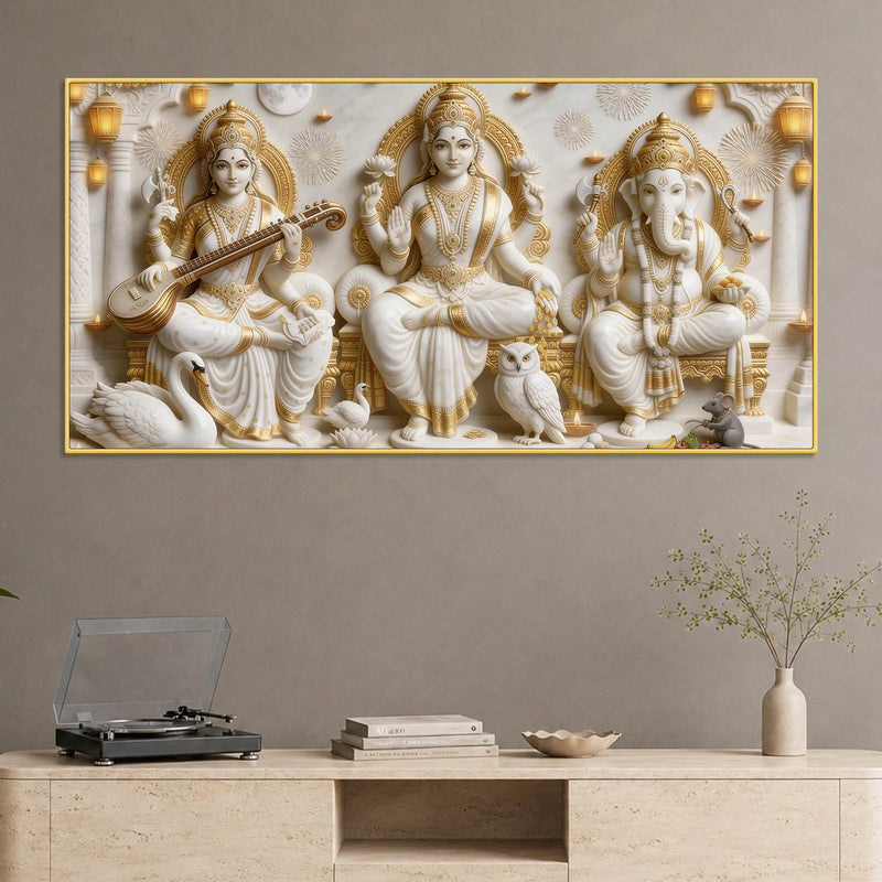Divine Maa Saraswati & Lakshmi with Shri Ganpati 3D Canvas Wall Painting