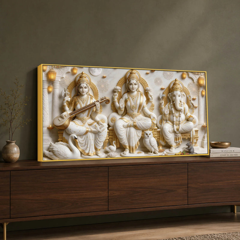 Divine Maa Saraswati & Lakshmi with Shri Ganpati 3D Canvas Wall Painting