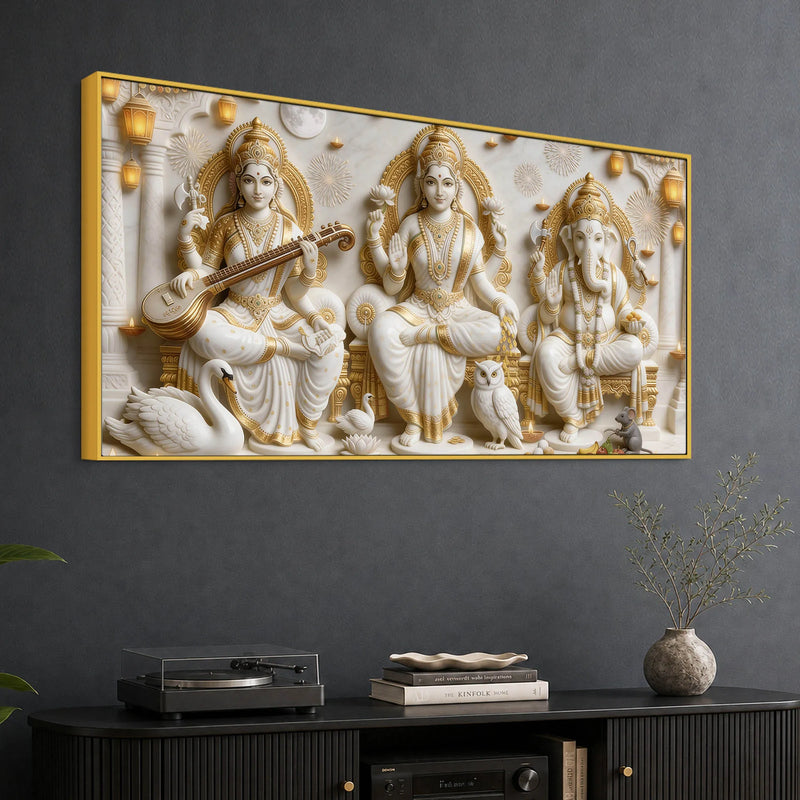 Divine Maa Saraswati & Lakshmi with Shri Ganpati 3D Canvas Wall Painting