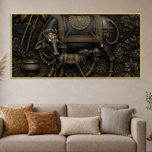 Divine Mother Cow Feeding Calf Black & Gold Metallic Look 3D Canvas Wall Painting