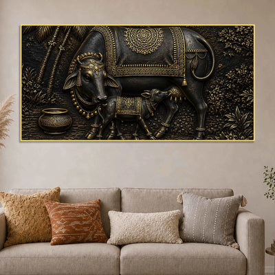 Divine Mother Cow Feeding Calf Black & Gold Metallic Look 3D Canvas Wall Painting
