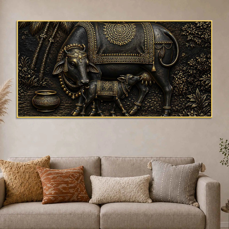 Divine Mother Cow Feeding Calf Black & Gold Metallic Look 3D Canvas Wall Painting