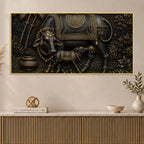 Divine Mother Cow Feeding Calf Black & Gold Metallic Look 3D Canvas Wall Painting