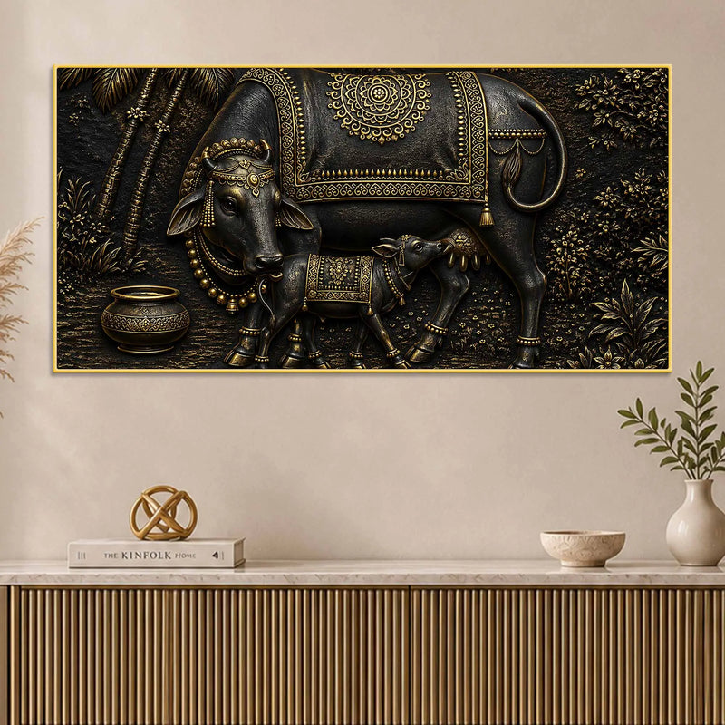 Divine Mother Cow Feeding Calf Black & Gold Metallic Look 3D Canvas Wall Painting