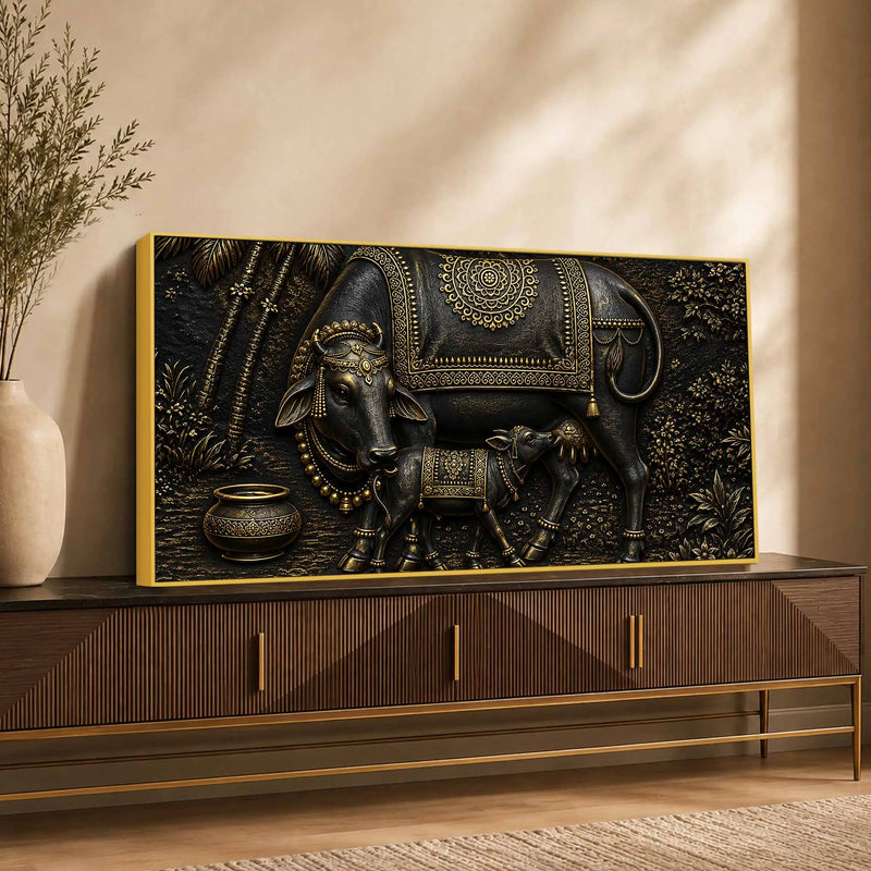Divine Mother Cow Feeding Calf Black & Gold Metallic Look 3D Canvas Wall Painting