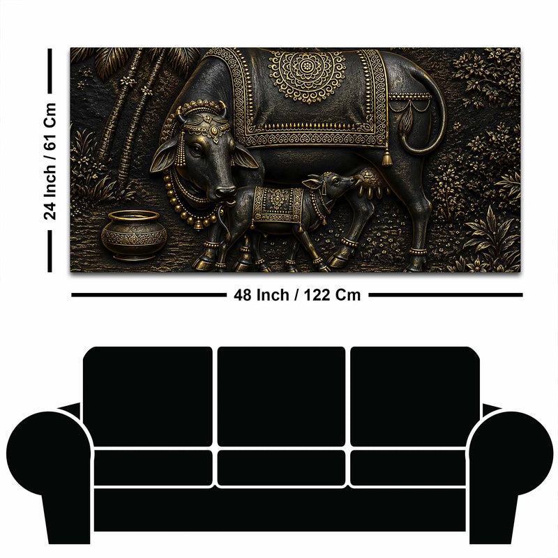 Divine Mother Cow Feeding Calf Black & Gold Metallic Look 3D Canvas Wall Painting