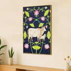 Divine Mother Cow with Her Calf Among Lotuses Pichwai Style Canvas Wall Painting