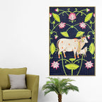 Divine Mother Cow with Her Calf Among Lotuses Pichwai Style Canvas Wall Painting