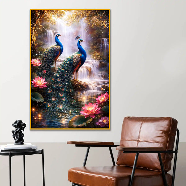 Divine Peacock Pair Floating Frame Crystal Wall Painting
