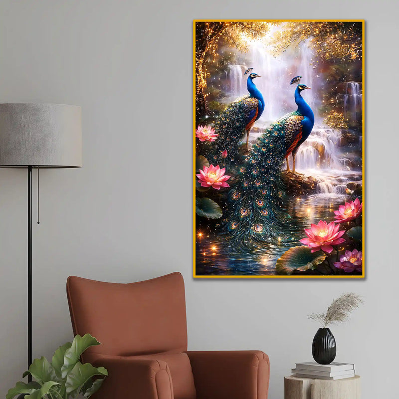 Divine Peacock Pair Floating Frame Crystal Wall Painting