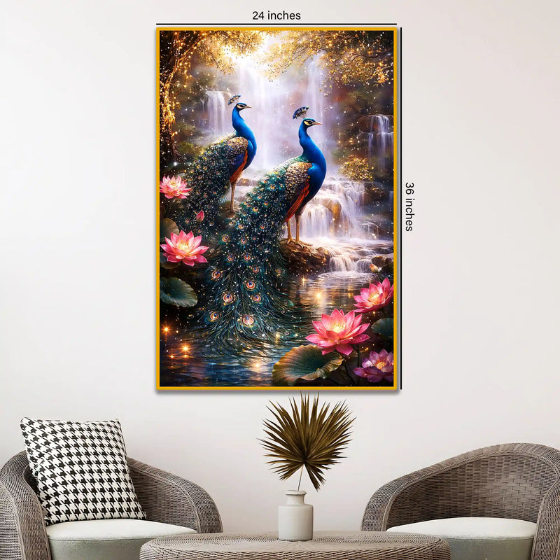 Divine Peacock Pair Floating Frame Crystal Wall Painting