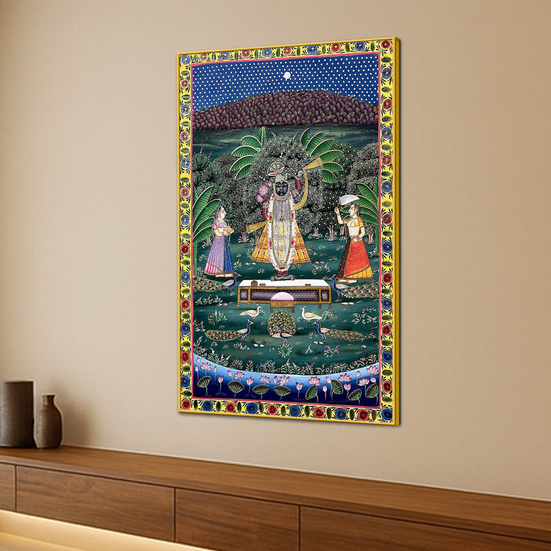 Divine Presence of Shrinathji in a Celestial Garden Pichwai Canvas Wall Painting