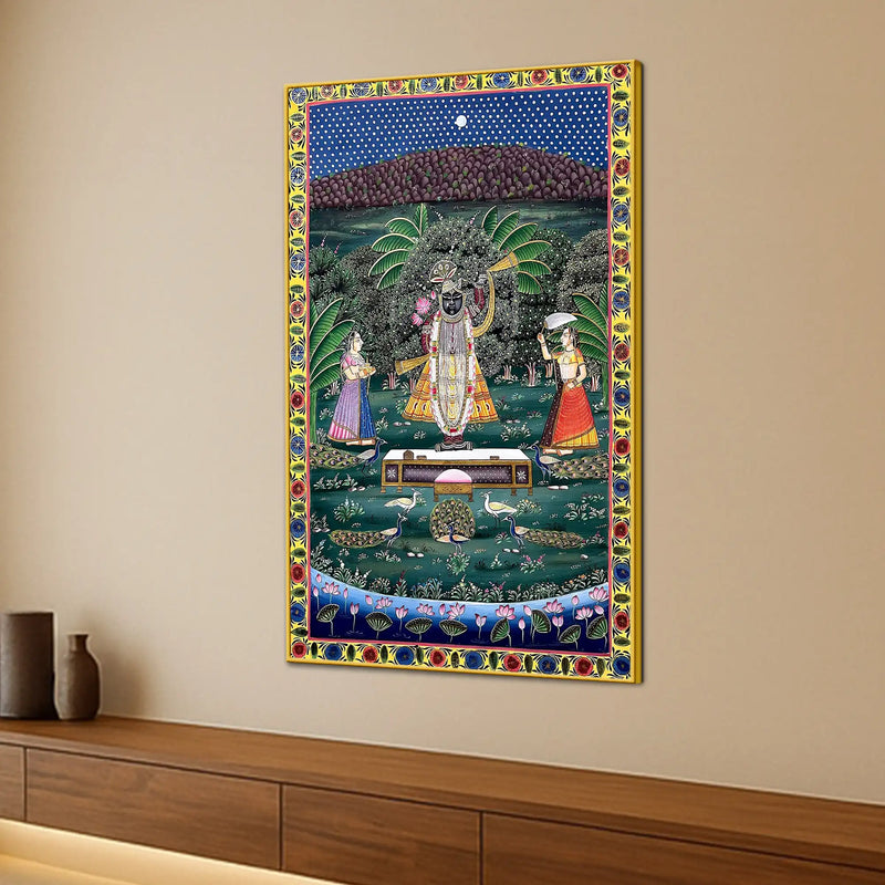 Divine Presence of Shrinathji in a Celestial Garden Pichwai Canvas Wall Painting