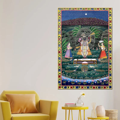 Divine Presence of Shrinathji in a Celestial Garden Pichwai Canvas Wall Painting