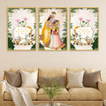 Divine Radha Krishna and Sacred Cow Canvas Wall Painting Set of Three