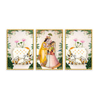 Divine Radha Krishna and Sacred Cow Canvas Wall Painting Set of Three