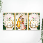 Divine Radha Krishna and Sacred Cow Canvas Wall Painting Set of Three