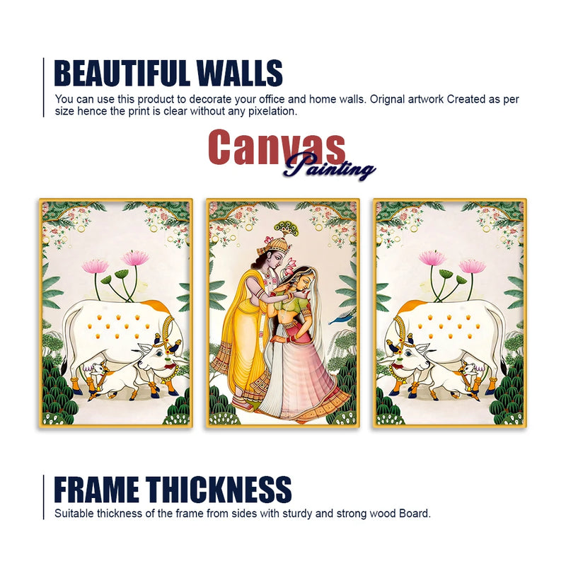 Divine Radha Krishna and Sacred Cow Canvas Wall Painting Set of Three