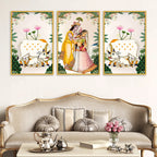 Divine Radha Krishna and Sacred Cow Canvas Wall Painting Set of Three
