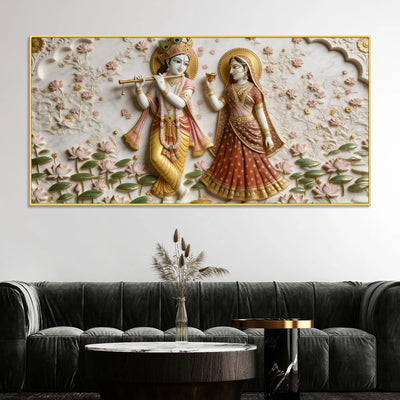 Divine Radha Krishna Lotus Garden 3D Canvas Wall Painting