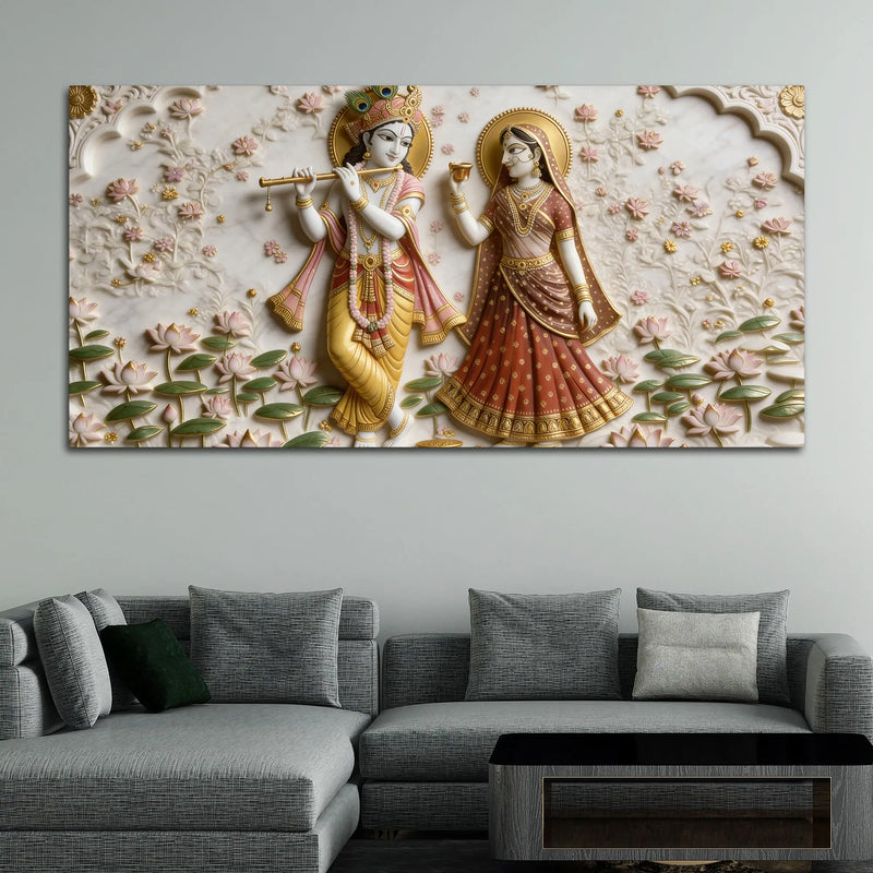 Divine Radha Krishna Lotus Garden 3D Canvas Wall Painting