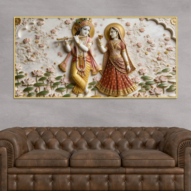 Divine Radha Krishna Lotus Garden 3D Canvas Wall Painting