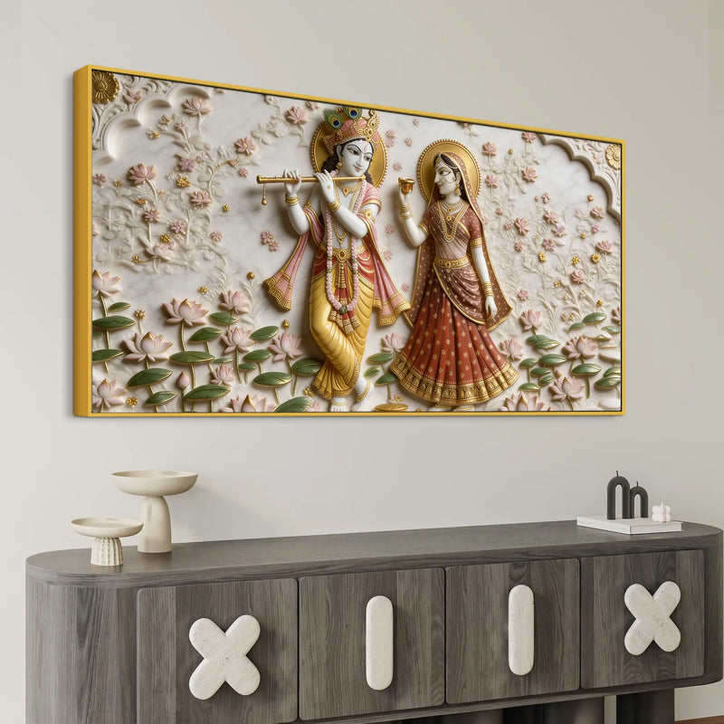 Divine Radha Krishna Lotus Garden 3D Canvas Wall Painting