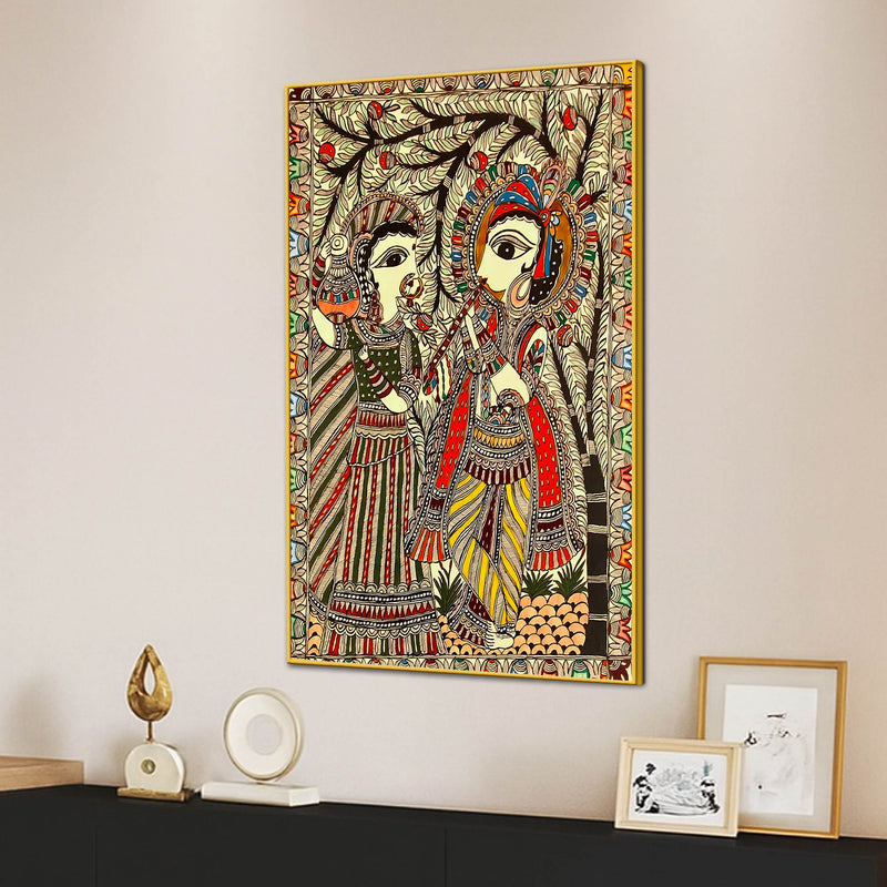 Divine Radha Krishna Madhubani Canvas Painting for Religious Indian Wall Decor