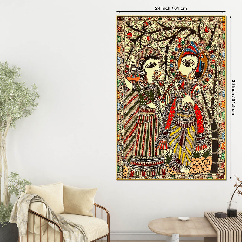 Divine Radha Krishna Madhubani Canvas Painting for Religious Indian Wall Decor