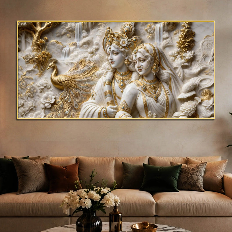 Divine Radha Krishna with Golden Peacock 3D Canvas Wall Painting