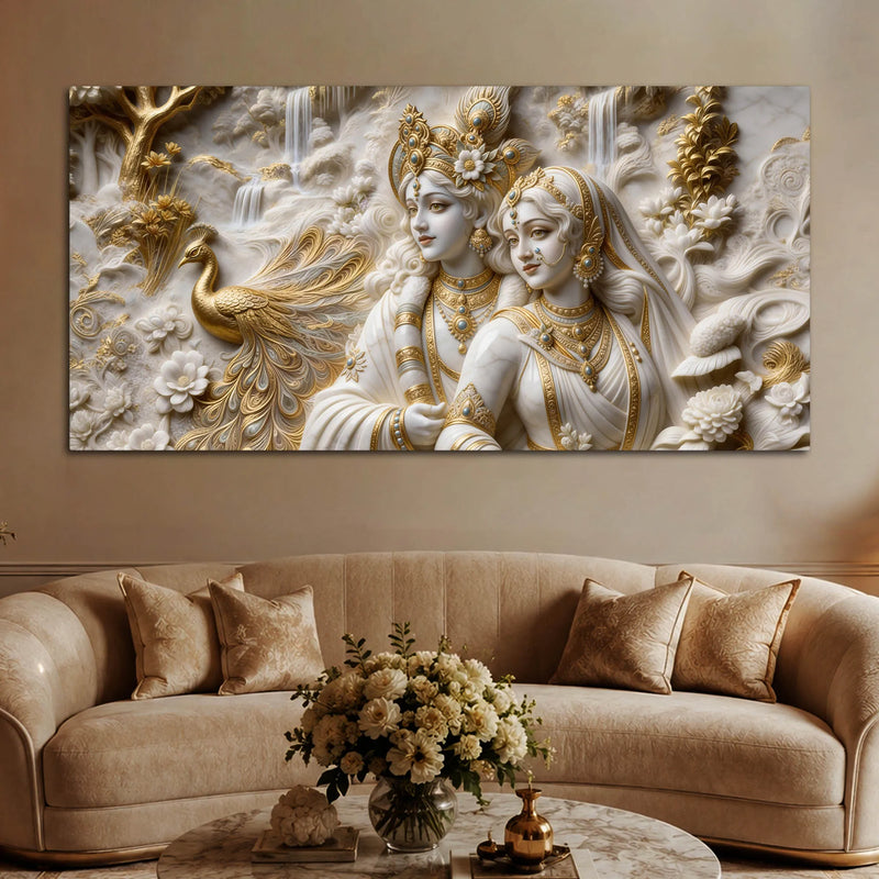 Divine Radha Krishna with Golden Peacock 3D Canvas Wall Painting