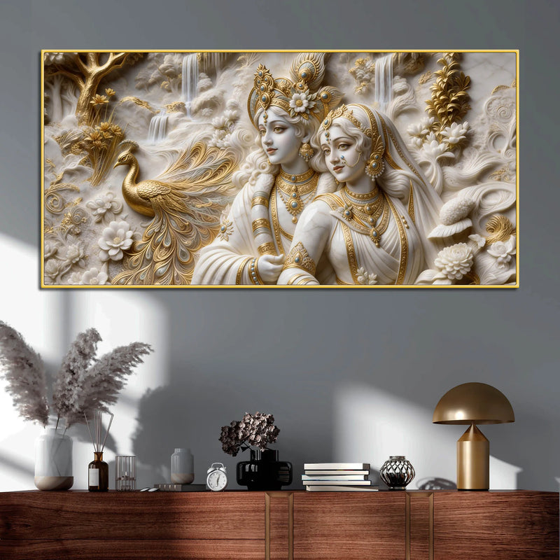 Divine Radha Krishna with Golden Peacock 3D Canvas Wall Painting