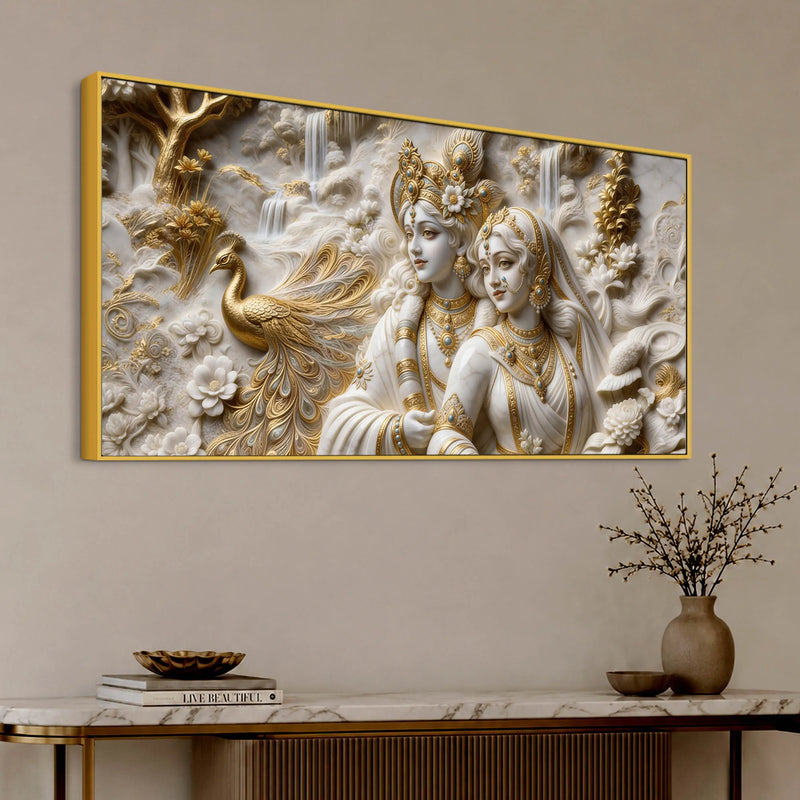 Divine Radha Krishna with Golden Peacock 3D Canvas Wall Painting
