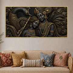 Divine Radha Krishna with Peacock Metallic Look 3D Canvas Wall Painting