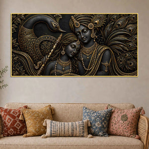 Divine Radha Krishna with Peacock Metallic Look 3D Canvas Wall Painting