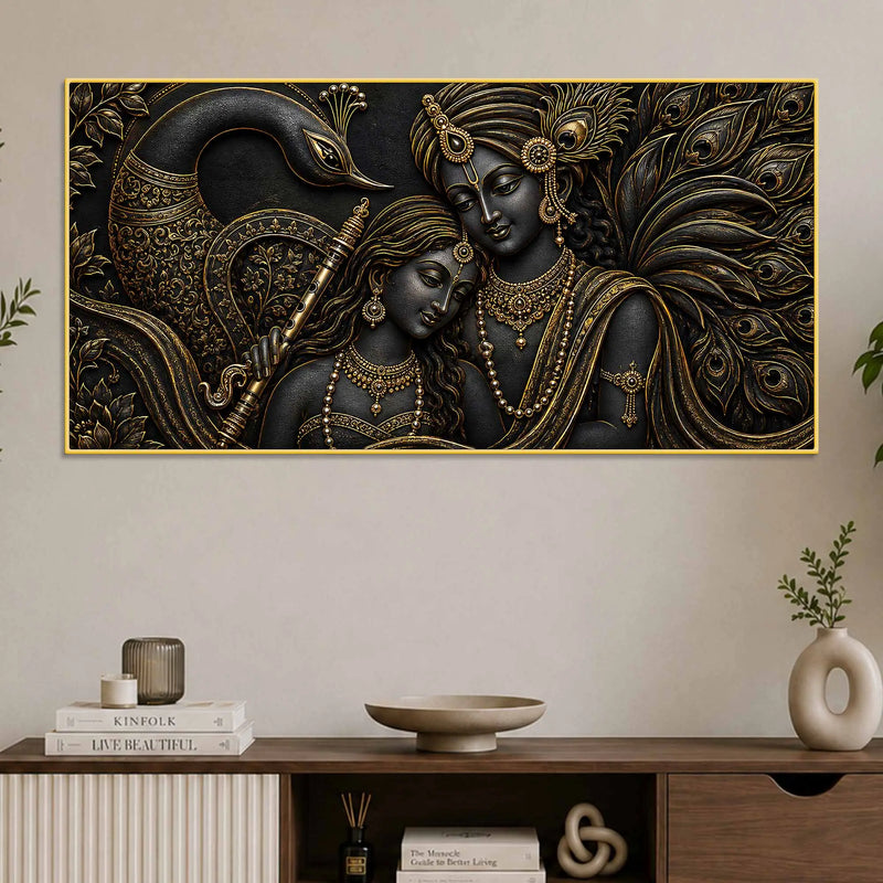 Divine Radha Krishna with Peacock Metallic Look 3D Canvas Wall Painting
