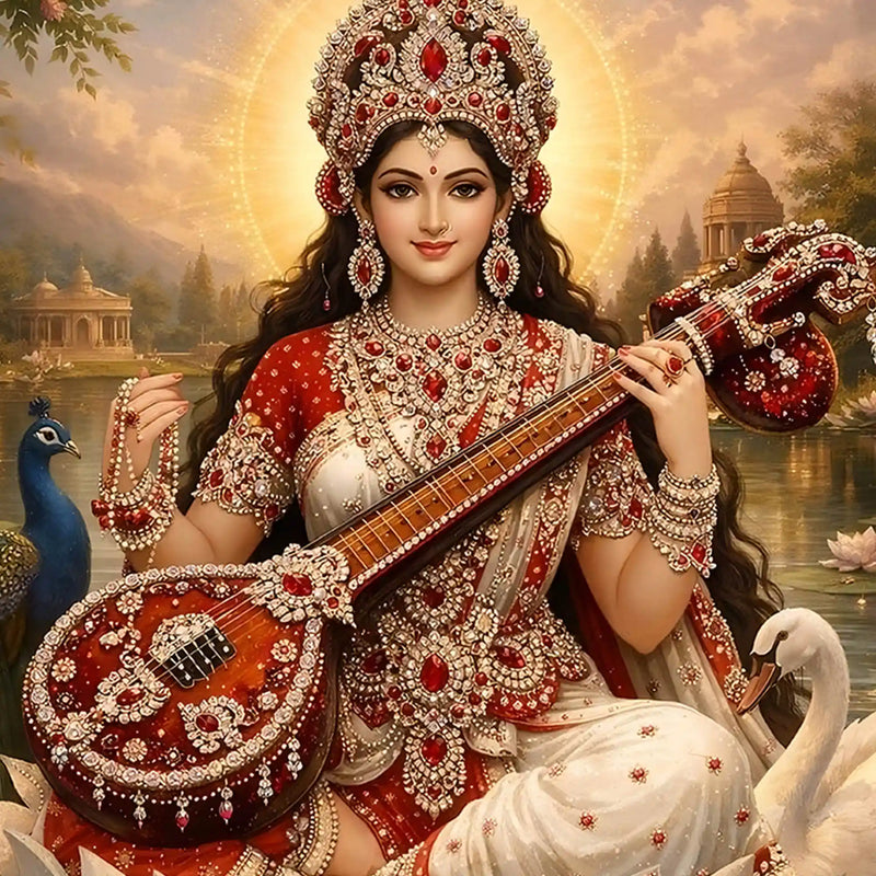 Divine Saraswati Mata Floating Frame Crystal Wall Painting