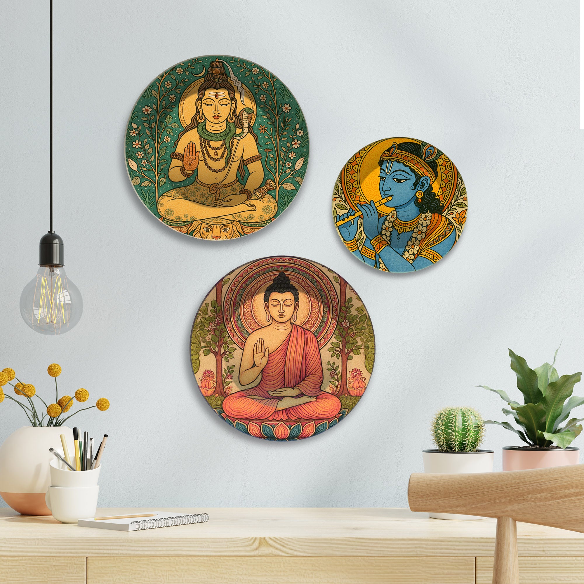 Divine Shiva Krishna & Buddha Premium Wall Plates Painting Set of 3