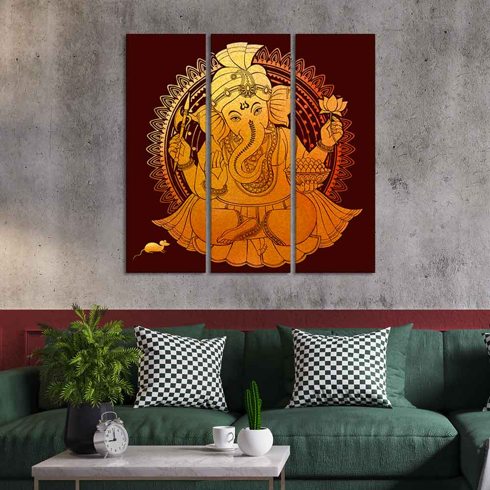 Divine Shree Ganesh Canvas Wall Painting of Three Pieces