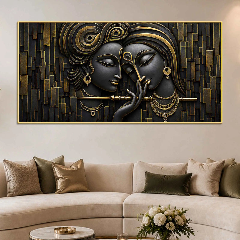 Divine Shree Radha Krishna Black & Gold Metallic Look 3D Canvas Wall Painting