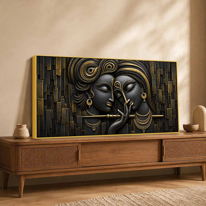Divine Shree Radha Krishna Black & Gold Metallic Look 3D Canvas Wall Painting
